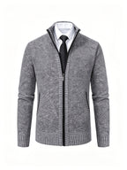 Men's Stand Collar Zip Up Knitted Cardigan Jacket, Casual Business Long Sleeve Sweater Coat with Pockets, Fall Winter Thick Warm Knit Outerwear for Men - Light Grey