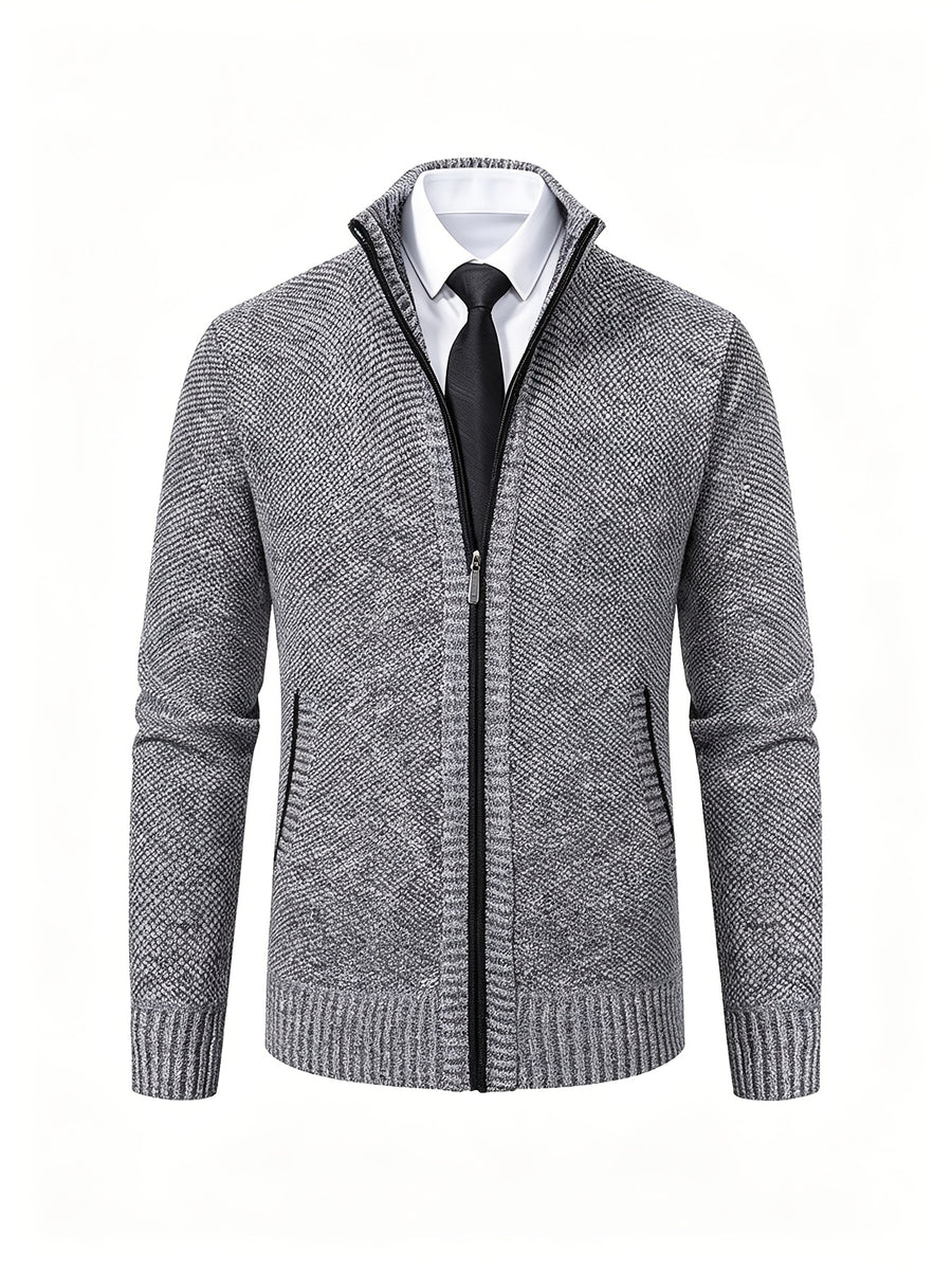 Men's Stand Collar Zip Up Knitted Cardigan Jacket, Casual Business Long Sleeve Sweater Coat with Pockets, Fall Winter Thick Warm Knit Outerwear for Men - Light Grey