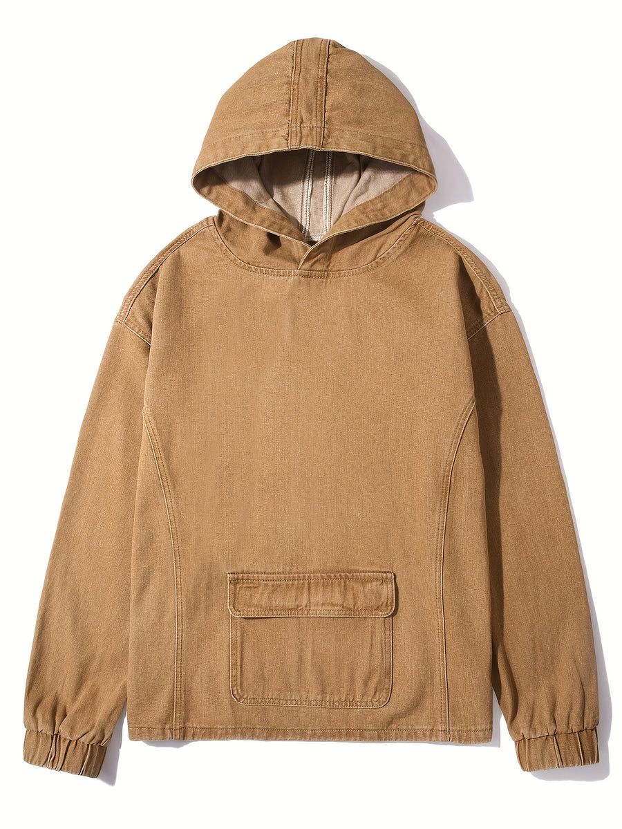 YASUYUAN Men's Light Color Denim Hooded Jacket - Loose Fit -Blend (Suitable for all-Season Wear) with Shrunk Hem & Sleeve Roll, Casual Outerwear, Machine Washable Denim Coat - Yellowish-brown