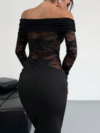 Ladies Elegant Sexy Shoulder Lace Stitching Slim Waist Asymmetric Design Party Fashion Long Little Black Dress - Black