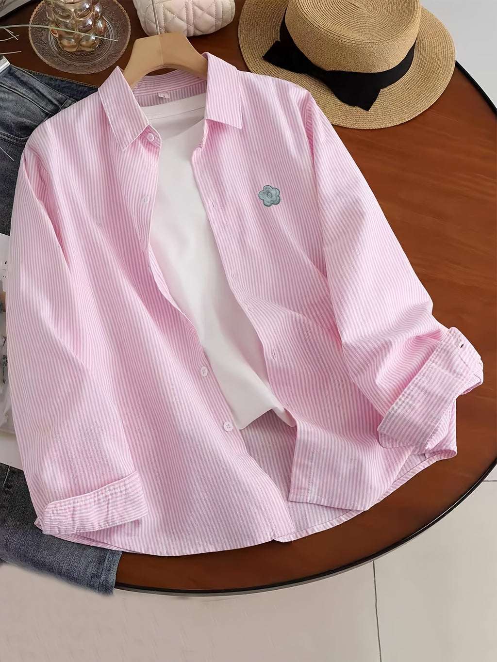 Versatile Basic Spring/Autumn Lightweight Niche Embroidered Patch Print Long Sleeve Thin Striped Loose Fit Multi-Color Casual Shirt - Pink 02