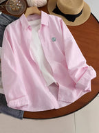 Versatile Basic Spring/Autumn Lightweight Niche Embroidered Patch Print Long Sleeve Thin Striped Loose Fit Multi-Color Casual Shirt - Pink 02
