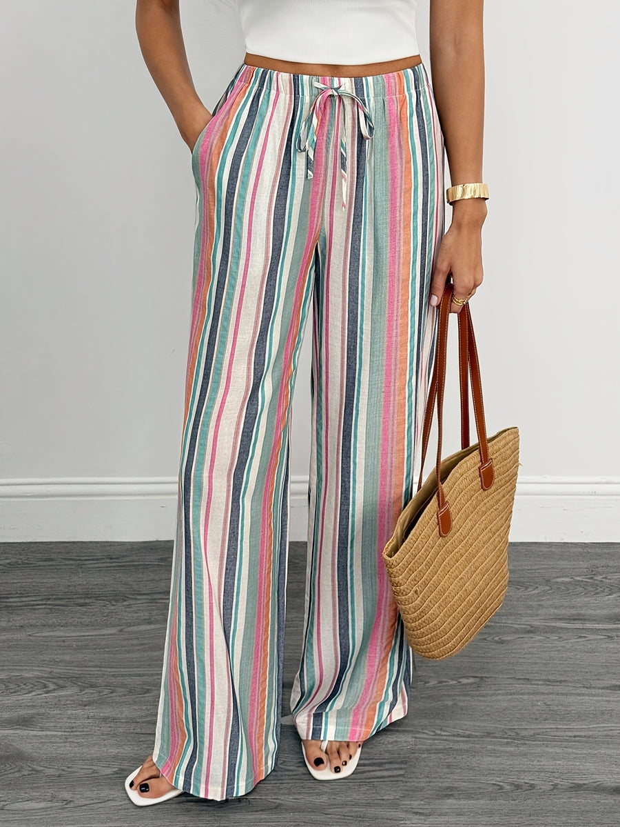 Women's High-Waist Fashionable Color-Striped Wide-Leg Casual Drawstring Straight-Leg Pants, Elegant Wide-Leg Trousers Suitable for Spring, Summer, Autumn, and All Seasons - Mixed colors