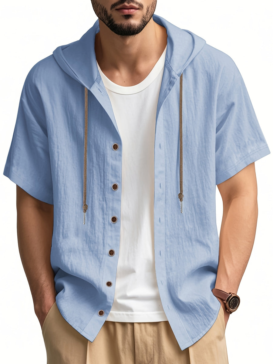 Men's 2pcs Short-Sleeve Hoodie Shirt, Regular Fit, Lightweight Open Cardigan, Vacation Casual Top - Navy Blue+Sky Blue