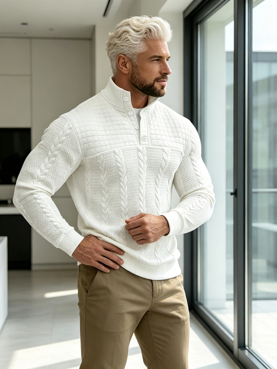 Joshmei OBM Halloween Men's Old Money Style Stand Collar Henley Shirt, Twisted Cable Knit Patchwork Checkered Long Sleeve Top, Comfortable and Warm Pullover, Suitable for Beach Vacations and Daily Wear, Men's Birthday Gift - White