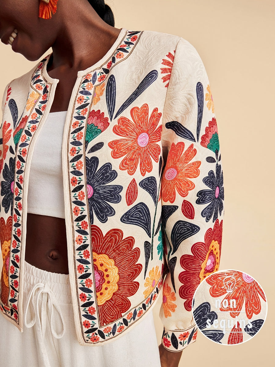 Floral Print Casual Jacket for Women, Open Front Light Beige Boho Autumn Vacation Holiday Wear, New Year Look Western Style Tropical Summer - Apricot