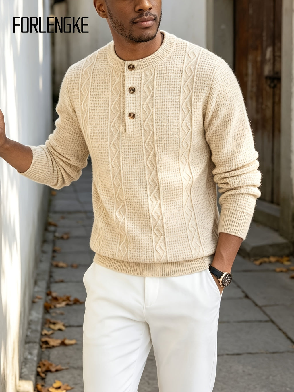 FORLENGKE Men's Intercity Light Travel Relaxed Style Textured Knit Henley Neck Sweater, Half-Open Collar Design Balances Formal and Casual, Durable Dense Knit Construction, Suitable for Autumn/Winter Short-Distance Business Trips, Road Trips - Flower Yellow