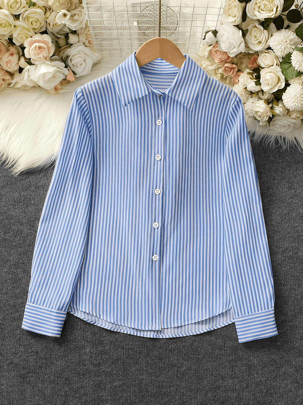 Elegant Special Edition Women's Striped Print Shirt - Long Sleeve Button- Shirt with Classic Collar, Suitable for Office, Commuting, or Formal Events, Office Attire, Sophisticated Casual - Mixed colors