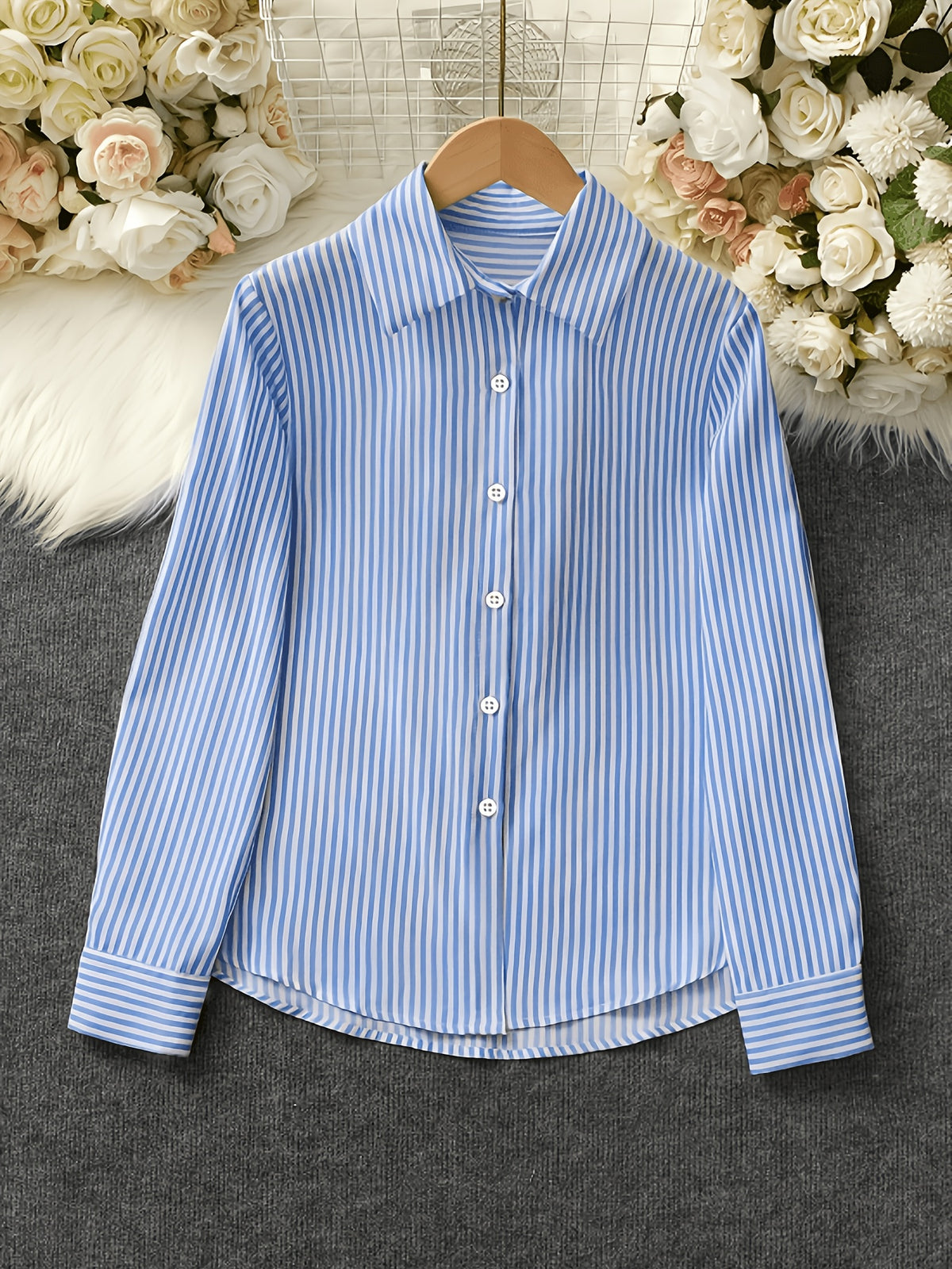 Elegant Special Edition Women's Striped Print Shirt - Long Sleeve Button- Shirt with Classic Collar, Suitable for Office, Commuting, or Formal Events, Office Attire, Sophisticated Casual - Mixed colors