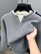 Du Jing Lan OBM Spring/Autumn New Arrival Men's Knitted Pullover, Old Money Style Contrast Color Crewneck 2-in-1 Look Long Sleeve Pullover Knitwear, Men's Business Casual Fashion Ribbed Sweater, Suitable for Layering or Wearing as an Outer Layer - Grey