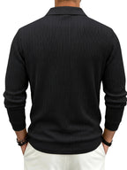 Autumn/Winter New Arrival: 1pc Men's Twisted Cable Vertical Stripe Knit Long-Sleeve Polo Shirt, Three-Dimensional Jacquard Texture, Classic Lapel, Vintage Brown Wood Grain Three-Button, Stretchy Soft Knitted Fabric, Solid Color Minimalist Top - Black