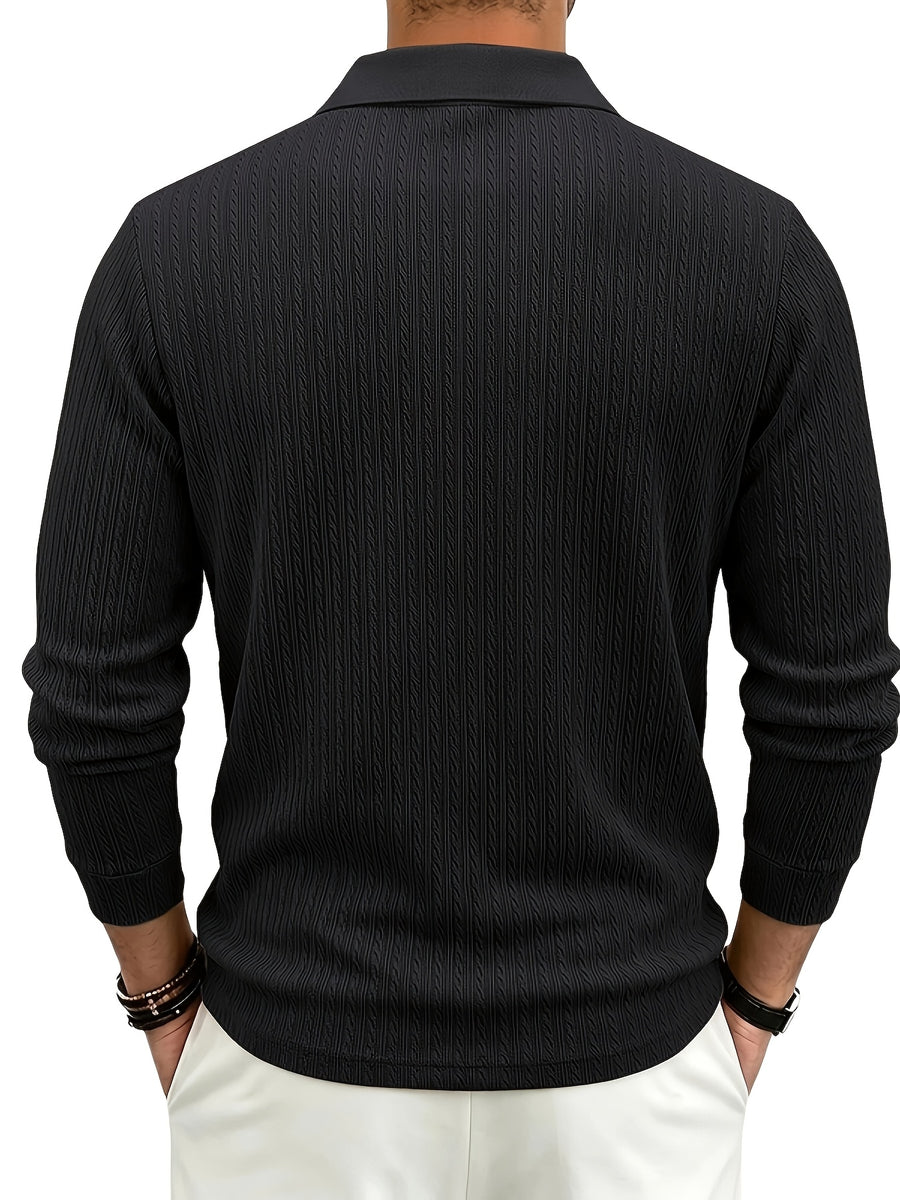 Autumn/Winter New Arrival: 1pc Men's Twisted Cable Vertical Stripe Knit Long-Sleeve Polo Shirt, Three-Dimensional Jacquard Texture, Classic Lapel, Vintage Brown Wood Grain Three-Button, Stretchy Soft Knitted Fabric, Solid Color Minimalist Top - Black