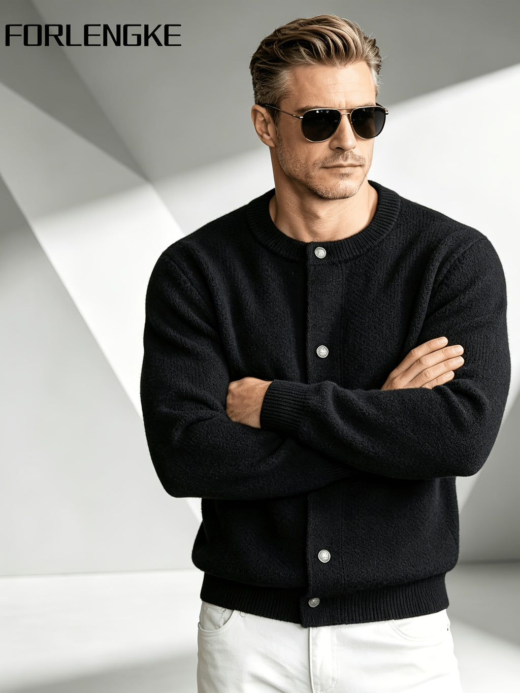 2026 New Fashion Business Mature Casual Men'S Round Neck Single Button Knit Cardigan Sweater, Soft Warm Breathable Long Sleeve Knit Jacket, Suitable for Daily, Office, And Weekend Outfits in Autumn And Winter - Black
