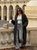 Women'S Solid Color Casual Long Sleeve Off-Shoulder Long Autumn Winter Coat - Pure Black