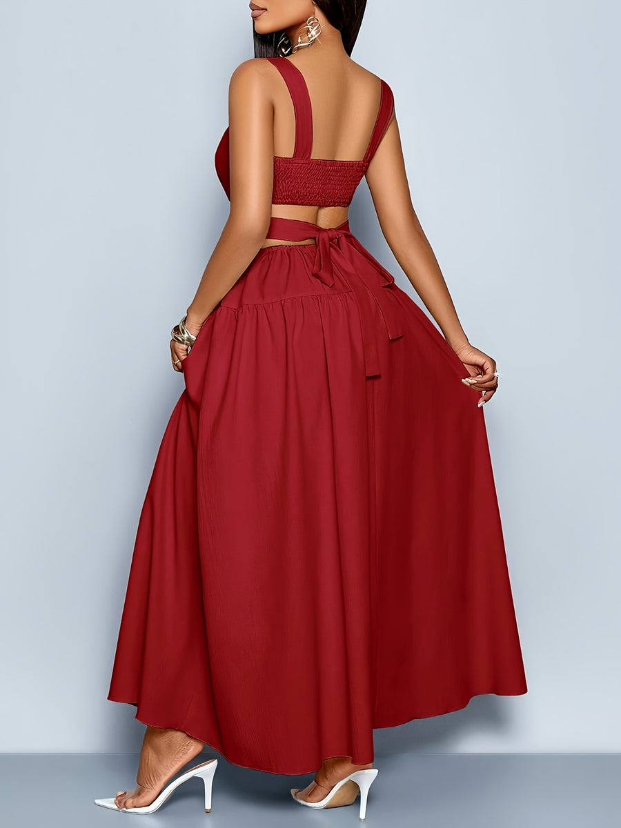 Women'S Elegant Square Neckline, Openwork Waist, Tie And Suspender Dress; Hawaiian Pleated Backless A-Line Skirt; Women'S Spring/Summer Dress; Elegant for Commuting, Casual Wear, Romantic Dates, Bridesmaid Dress - Burgundy