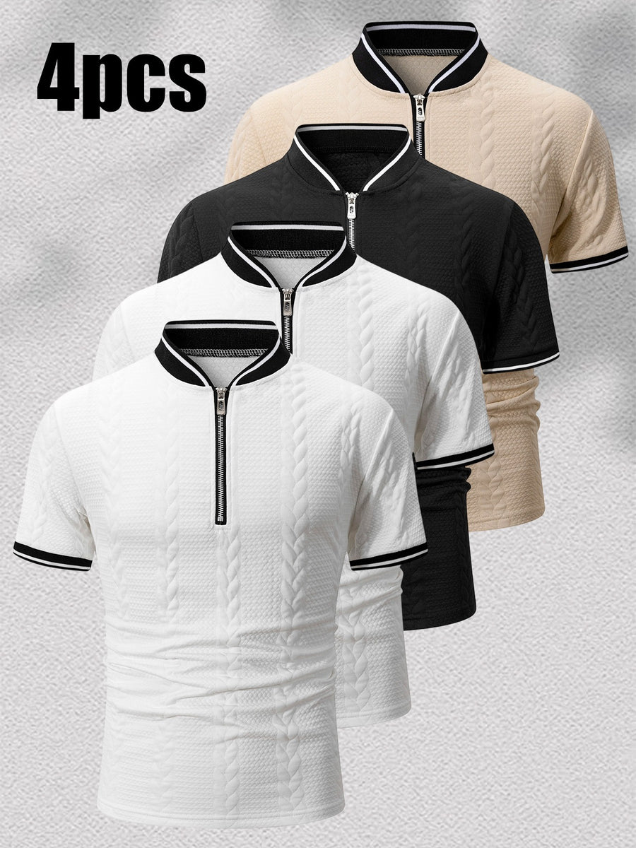 4pcs Solid Color Textured Texture Stand Collar Short Sleeve Men'S Contrast Striped Baseball Collar Short Sleeve Polo Shirt Summer Half-Button Baseball Collar T-Shirt Casual All-Match Top, Contrast Trimmed Collar And Cuffs, Front Zipper Design - Book White + Book White + Black + Khaki