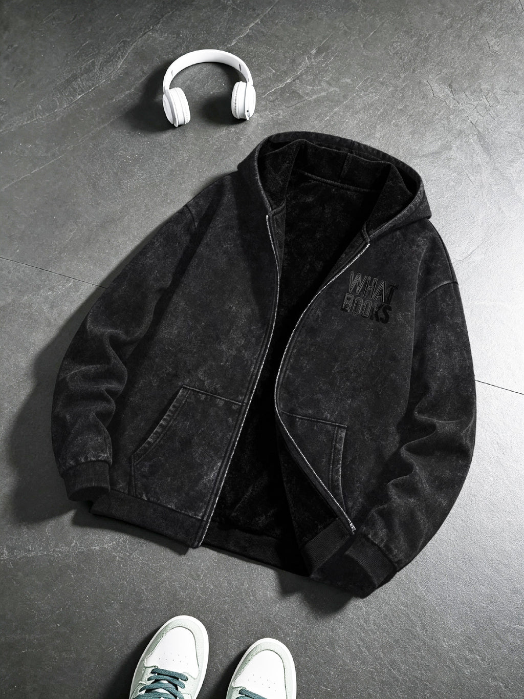 Men's -Lined Zip-Up Hoodie, Simple Letter Print Vintage Workwear Style, for Outdoor Leisure, Streetwear, and Everyday Campus Wear, Loose, Soft, and Comfortable, Spring/Autumn Men's Hooded Sweatshirt, Solid Color Minimalist, Washed Distressed Winter - Black
