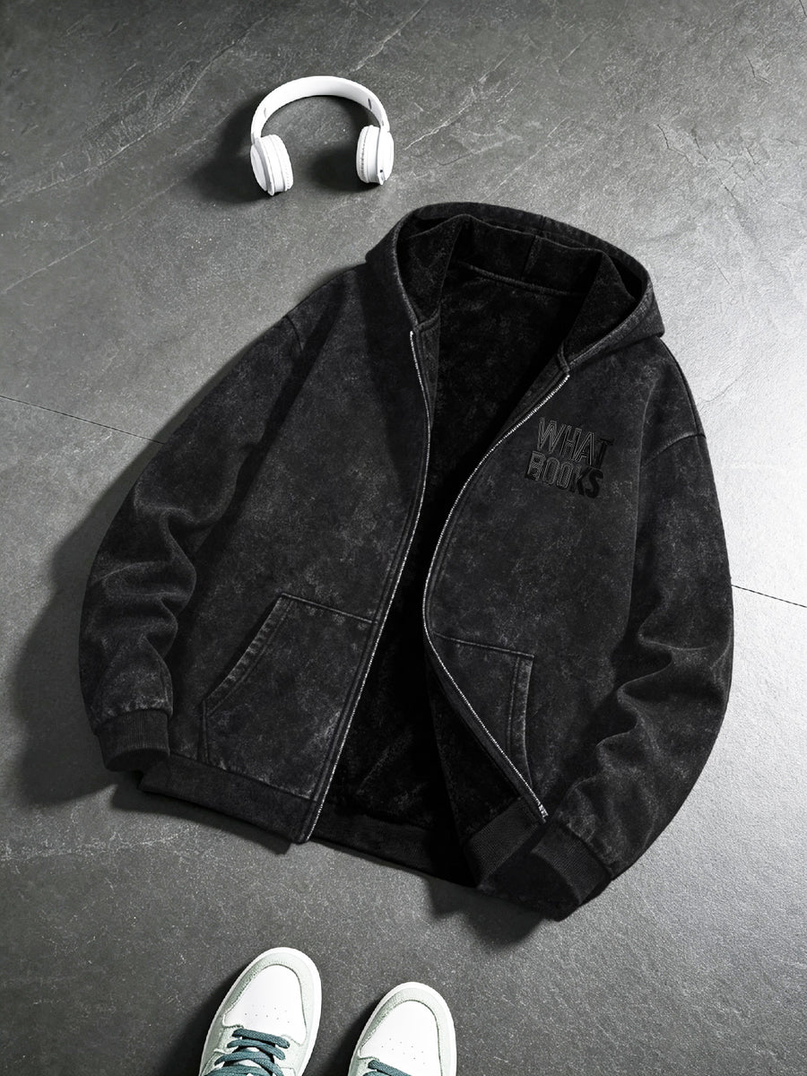 Men's -Lined Zip-Up Hoodie, Simple Letter Print Vintage Workwear Style, for Outdoor Leisure, Streetwear, and Everyday Campus Wear, Loose, Soft, and Comfortable, Spring/Autumn Men's Hooded Sweatshirt, Solid Color Minimalist, Washed Distressed Winter - Black