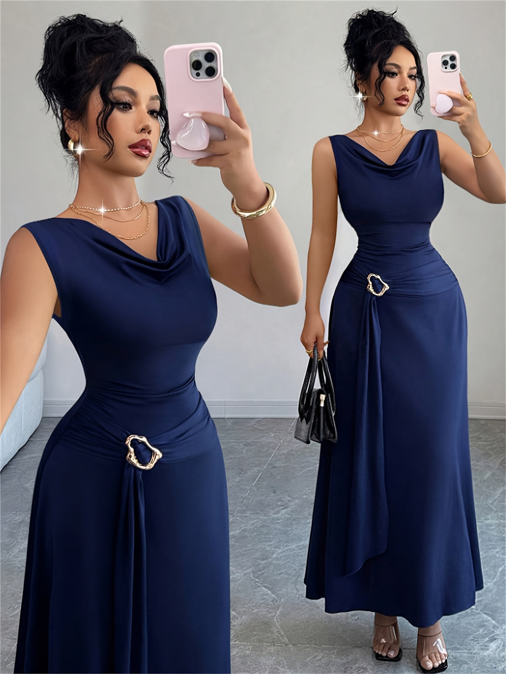 Sleeveless Puff Sleeve Dress Women'S Metallic Buckle Waist-Cinching Bodycon Skirt Elegant Temperament Evening Date Dress Long Dress - Navy Color