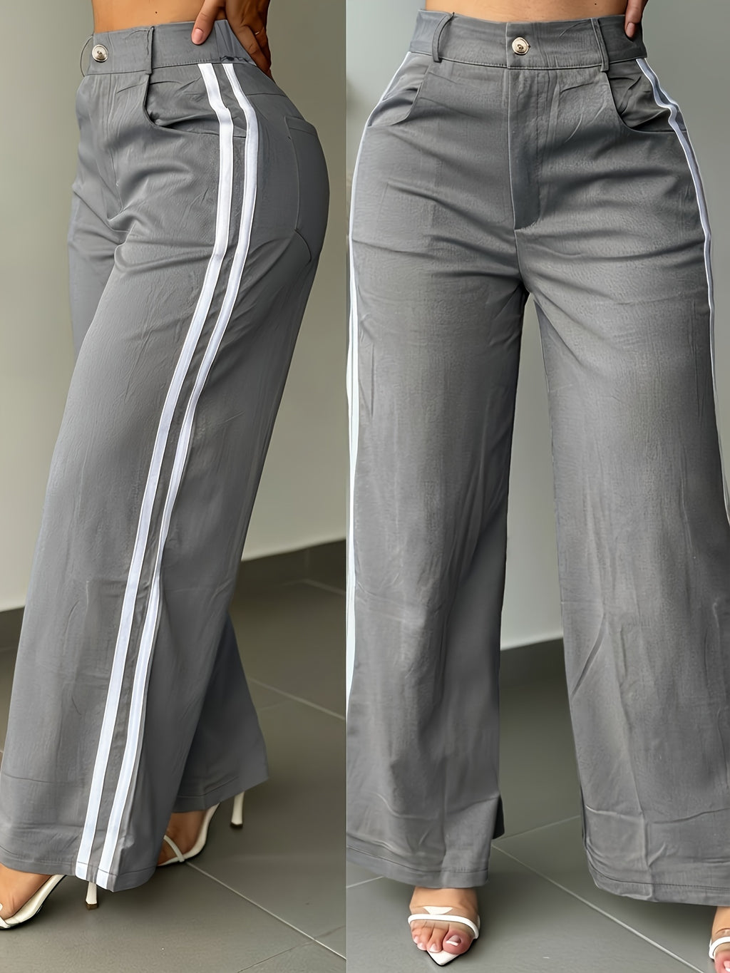 Spring and Autumn Women's Long Pants, Wide-Leg Pants with White Side Stripes, Vintage Fashionable Pants for a Tall and Look, Casual Trousers - Grey