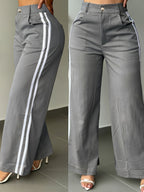 Spring and Autumn Women's Long Pants, Wide-Leg Pants with White Side Stripes, Vintage Fashionable Pants for a Tall and Look, Casual Trousers - Grey