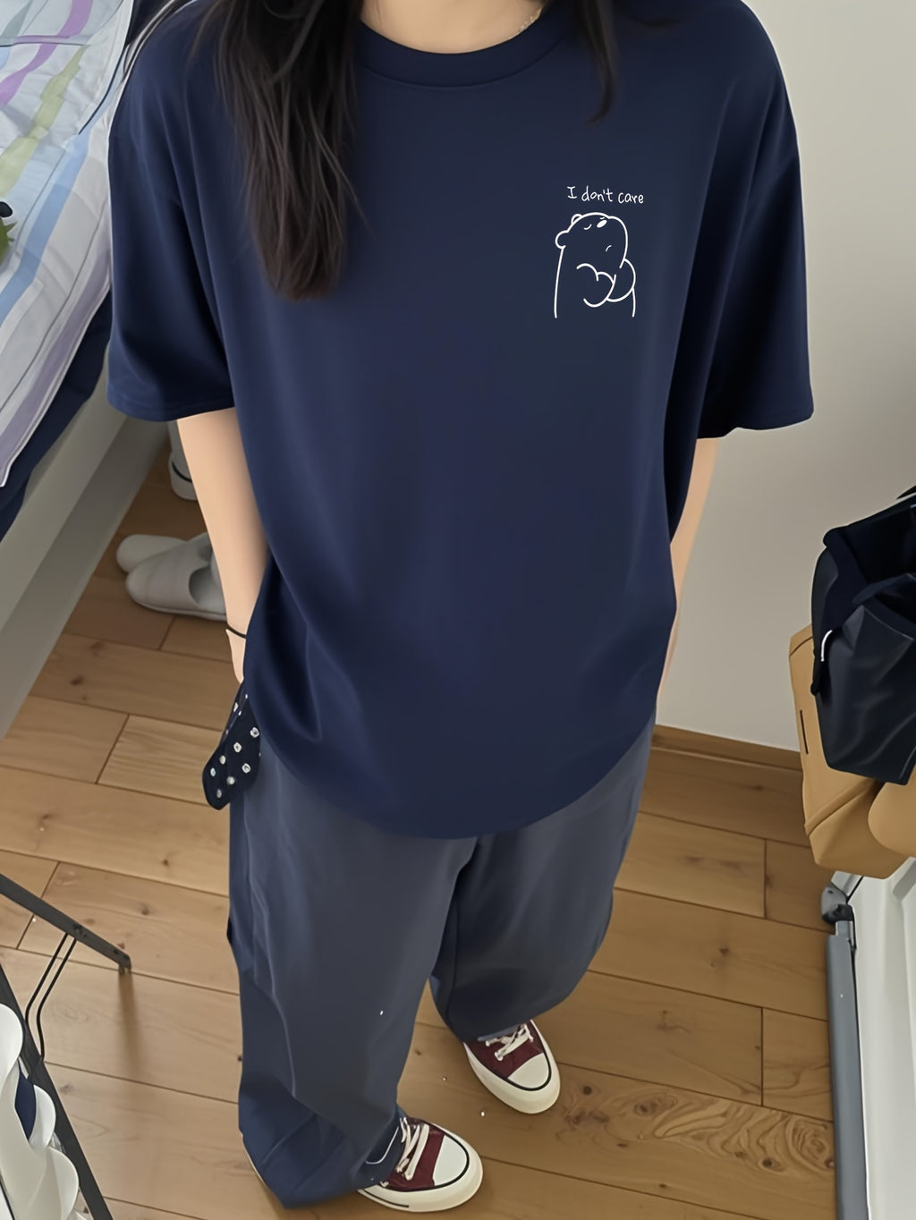 Women's Short-Sleeve T-Shirt, Summer Designer Cartoon Print Short-Sleeve T-Shirt, Pure Short-Sleeve T-Shirt Top, Base Layer Top #3333 - Navy Color