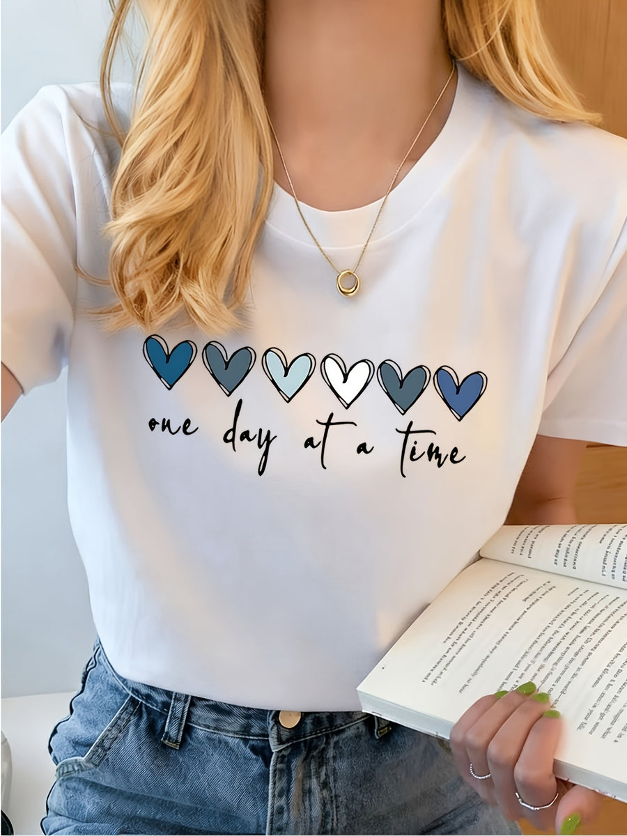Women's Spring/Summer Casual Letter Print Round Neck Short Sleeve T-Shirt Top - White