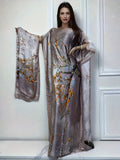 Tree Print Crew Neck Kaftan Dress, Elegant Batwing Sleeve Loose Fit Maxi Dress with A Hijab, Women's Clothing - Light Purple