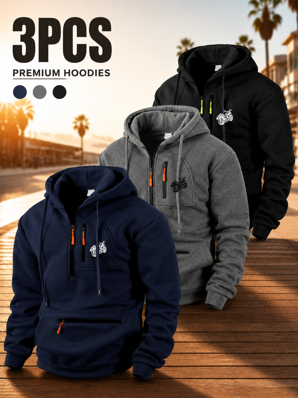 Men'S Hoodie Multi-Zipper Pocket Design Graphic Print Casual Streetwear Fall Winter 3pcs Set - Navy Blue + Dark Gray + Black
