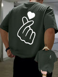 Men's Casual T-shirt with Heart-shaped Hand Gesture Print on Front and Back, Summer Round-neck Short-sleeve T-shirt, Fashionable and Versatile Trendy Short-sleeve Top for Men - Olive Green