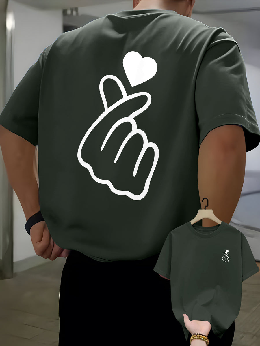 Men's Casual T-shirt with Heart-shaped Hand Gesture Print on Front and Back, Summer Round-neck Short-sleeve T-shirt, Fashionable and Versatile Trendy Short-sleeve Top for Men - Olive Green