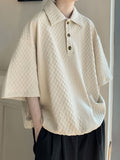 Men's Summer Textured Short-Sleeve Polo Shirt, Casual Lapel, Breathable, Loose Fit, Vacation Style, Half-Open Collar Top, Random Texture - Khaki