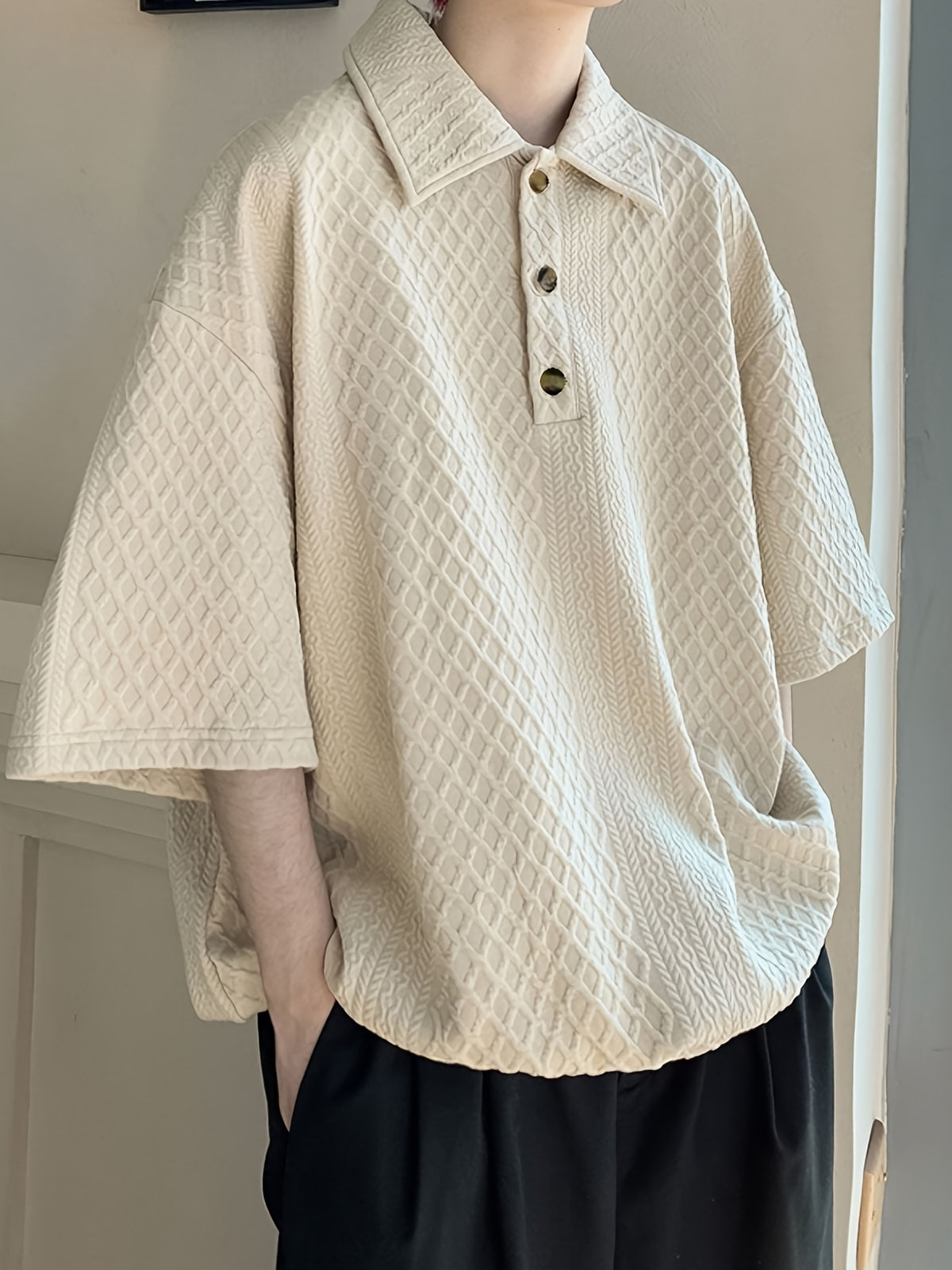 Men's Summer Textured Short-Sleeve Polo Shirt, Casual Lapel, Breathable, Loose Fit, Vacation Style, Half-Open Collar Top, Random Texture - Khaki
