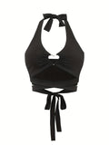 Heart Ring Linked Lace Up Halter Top, Y2K Sexy Backless Halter Top For Summer, Women's Clothing - Black
