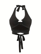 Heart Ring Linked Lace Up Halter Top, Y2K Sexy Backless Halter Top For Summer, Women's Clothing - Black