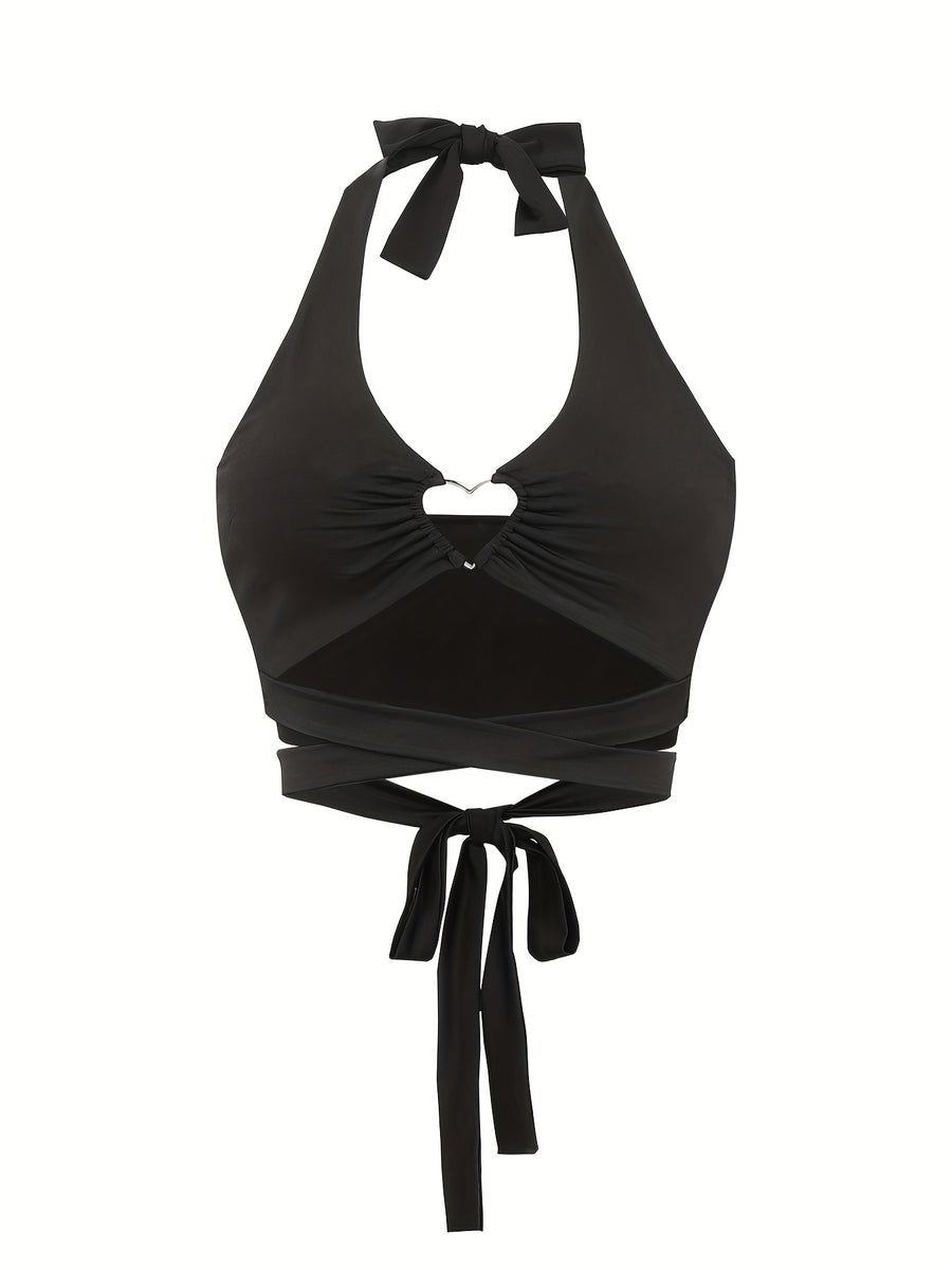 Heart Ring Linked Lace Up Halter Top, Y2K Sexy Backless Halter Top For Summer, Women's Clothing - Black