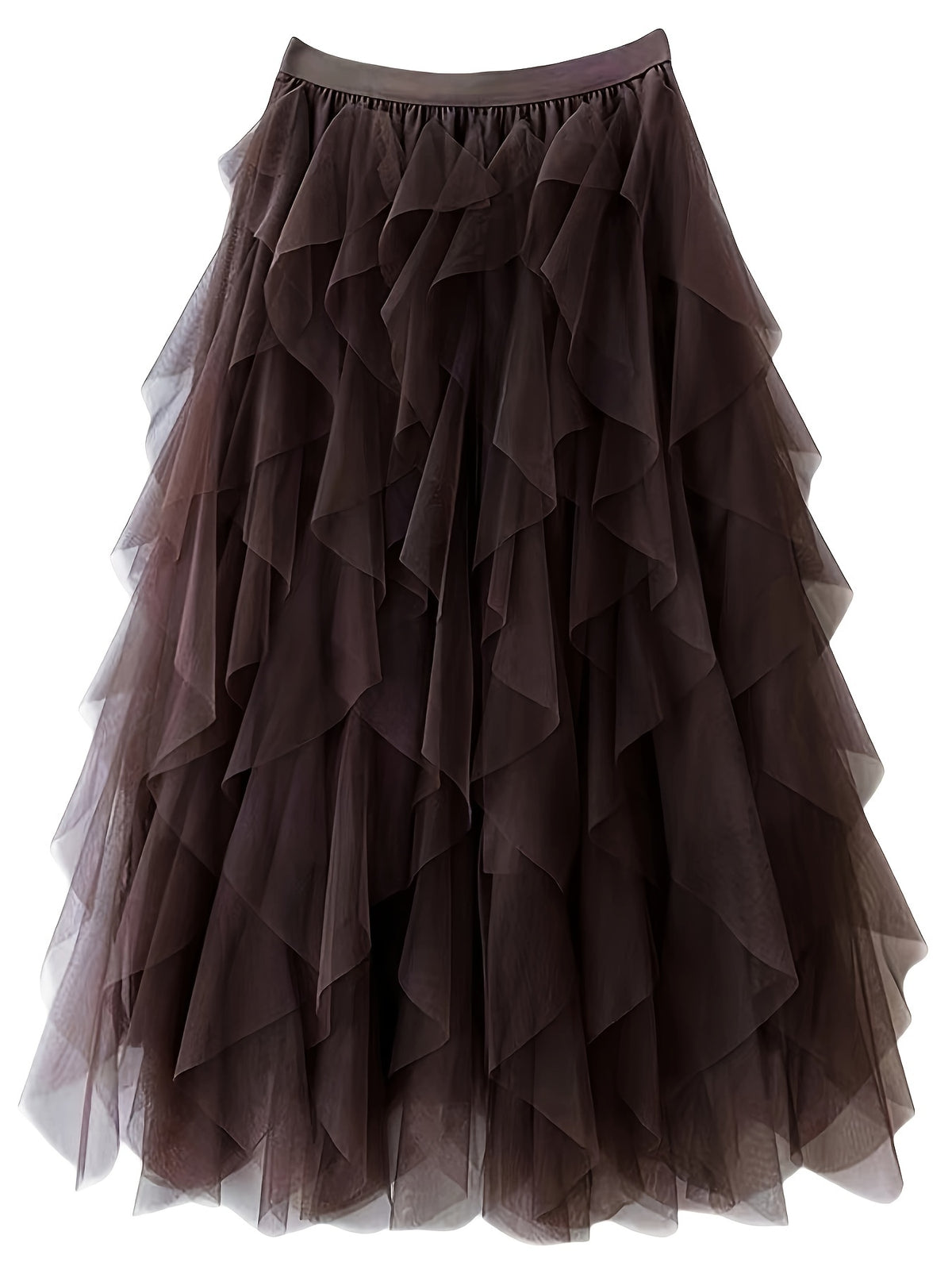 Chic Elegance, Elegant High-Waist A-Line Tulle Skirt for Women - Chic Korean-Style Spring Collection, Sheer Brown Polyester with Delicate Mesh Layers, Perfect for Summer Skirt - Coffee Brown