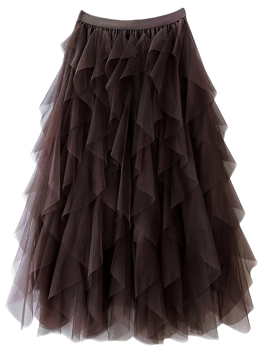 Chic Elegance, Elegant High-Waist A-Line Tulle Skirt for Women - Chic Korean-Style Spring Collection, Sheer Brown Polyester with Delicate Mesh Layers, Perfect for Summer Skirt - Coffee Brown