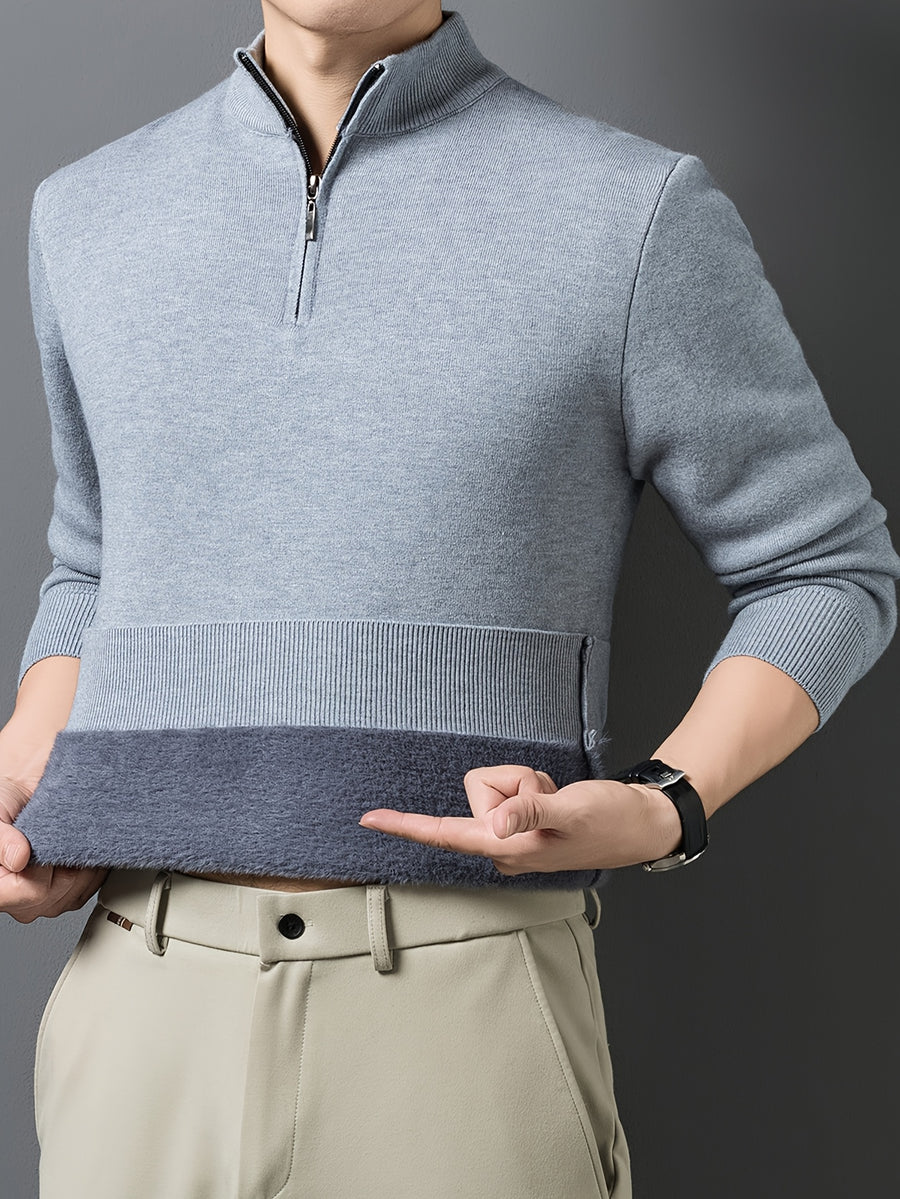 1pc Men'S Solid Color Small Stand Collar Knit Pullover Autumn Winter Zipper Casual Fleece Warm Top - Medium Gray