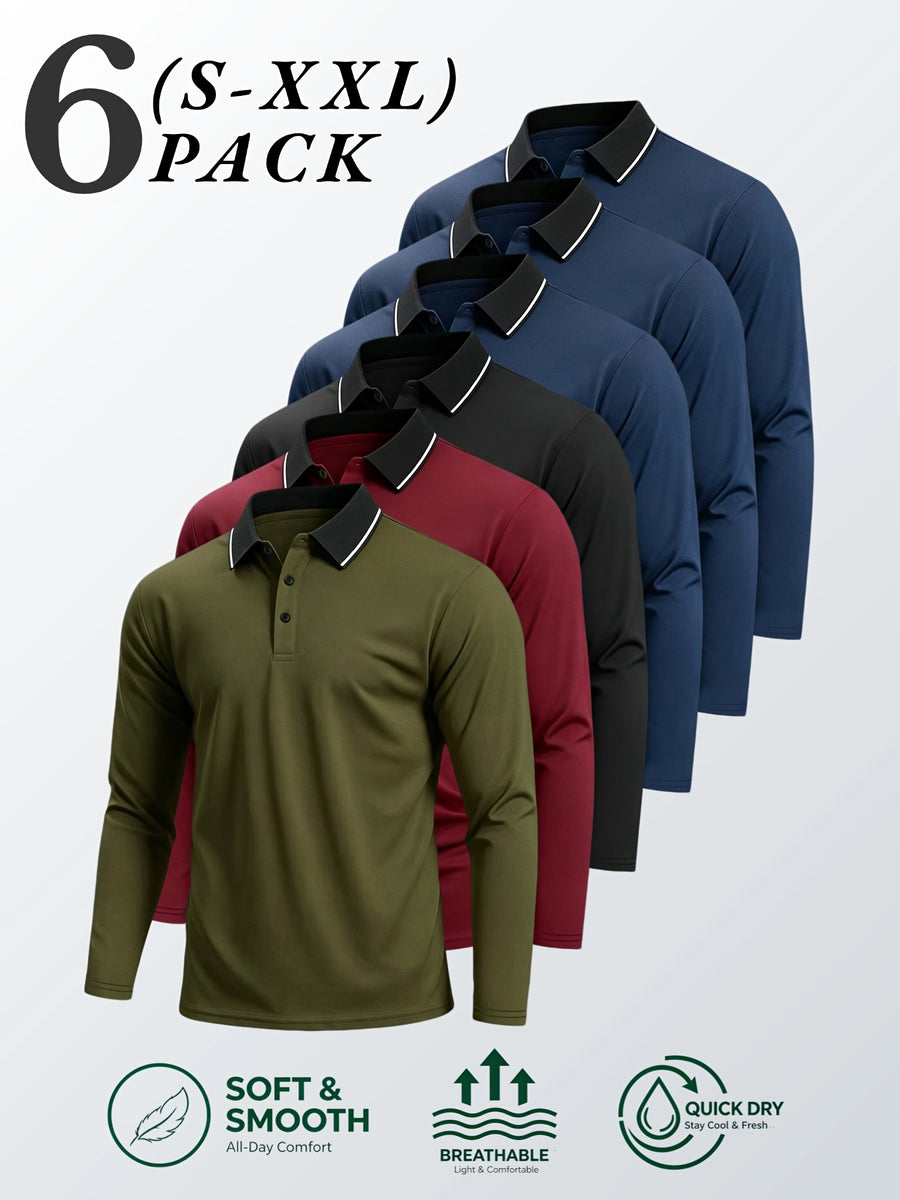 6pcs/Set Striped Lapel Long Sleeve Casual Sports Mesh Quick-Dry Breathable Comfortable POLO Shirt Basic Solid Color - Navy Blue 3+Green+Red+Black