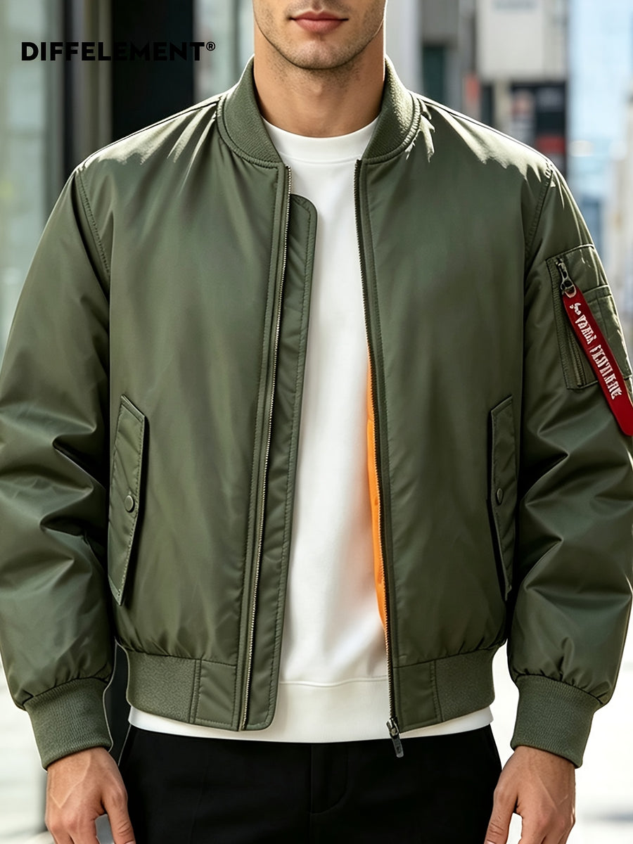 DIFFELEMENT Men's Baseball Collar Flight Jacket, Windproof, Wrinkle-Resistant, Wear-Resistant, Woven Fabric, Smooth Zipper Closure, Ribbed Cuffs and Hem, Sleeves with Pockets, Red Ribbon Accent, Loose Casual Fit, Suitable for Urban Commuting - Military Green