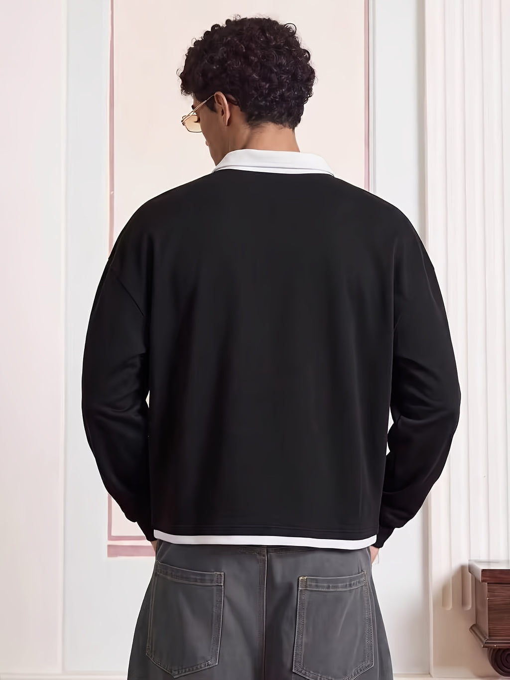 Men's 2-in-1 Look Short Polo Shirt, Contrast Color White Collar Hem Faux Layered Loose Vintage Street Style Long Sleeve Top - Black