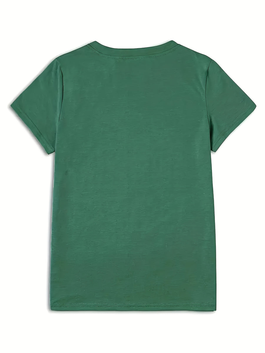 Calvin, Spring and Summer Graphic Print T-shirt, Short Sleeve Crew Neck Casual Top for Summer & Spring, Women's Clothing - Green