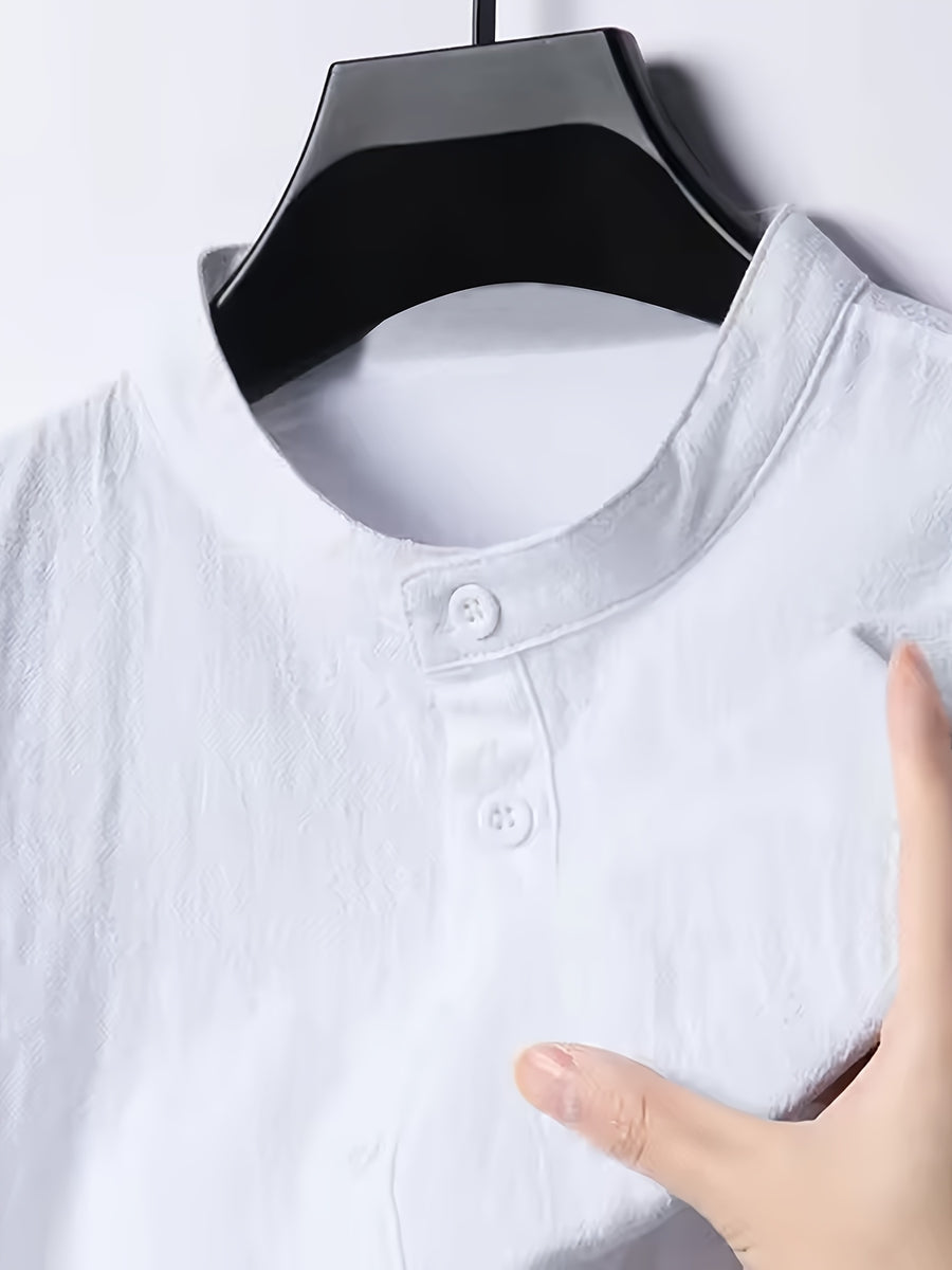 Men's Stand Collar Long Sleeve Henley Shirt, Textured Linen Casual Shirt, Versatile Loose Fit Top for Commuting - White