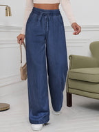 Plain Washed Light Blue Elastic Waistband Loose Fit Wide-leg Imitation Denim Pants, Women's Imitation Denim Pants for Spring and Autumn Weardenim - Deep Blue