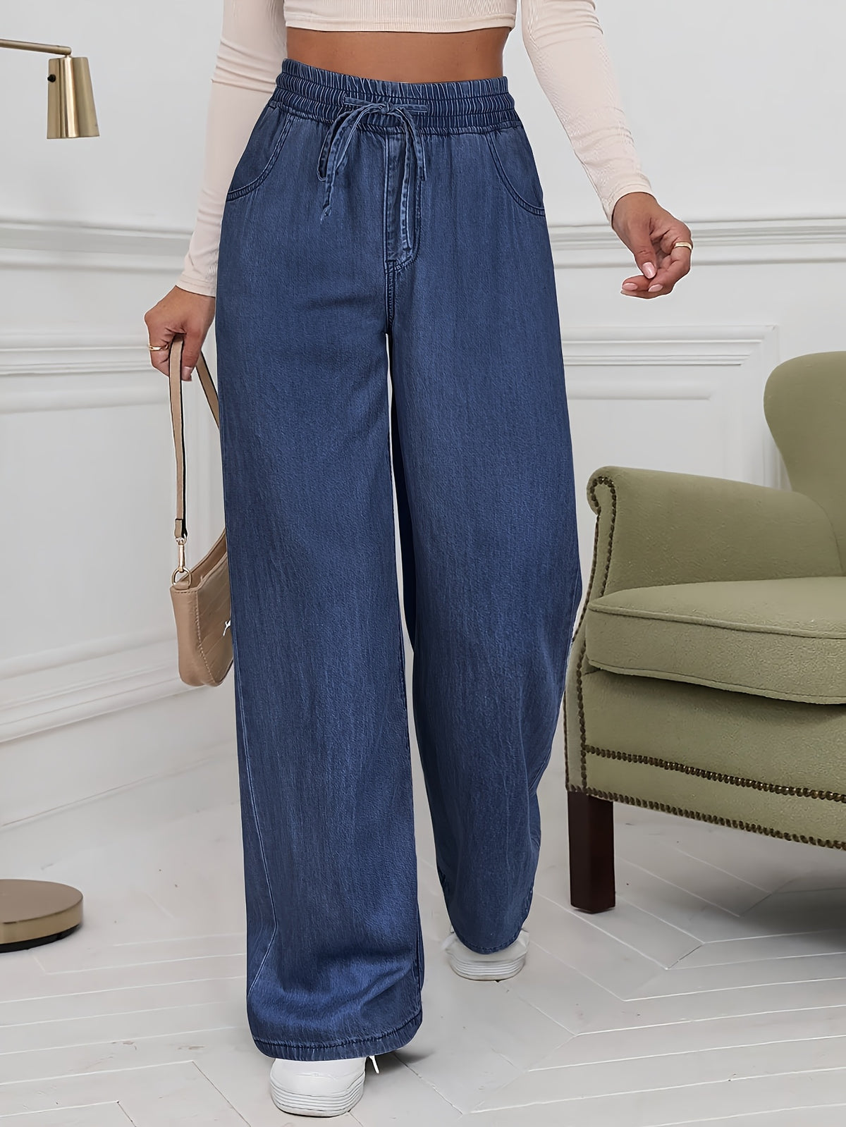 Plain Washed Light Blue Elastic Waistband Loose Fit Wide-leg Imitation Denim Pants, Women's Imitation Denim Pants for Spring and Autumn Weardenim - Deep Blue