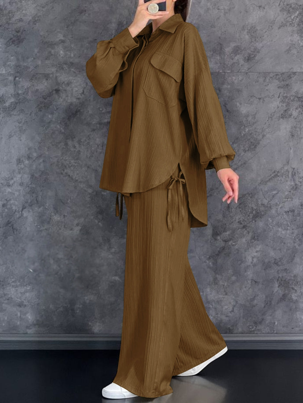 Autumn New Casual Comfortable Versatile Long Sleeve Collared Top And Long Pants 2pcs Set for Women, Belt Not Included - Coffee Color