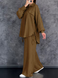 Autumn New Casual Comfortable Versatile Long Sleeve Collared Top And Long Pants 2pcs Set for Women, Belt Not Included - Coffee Color