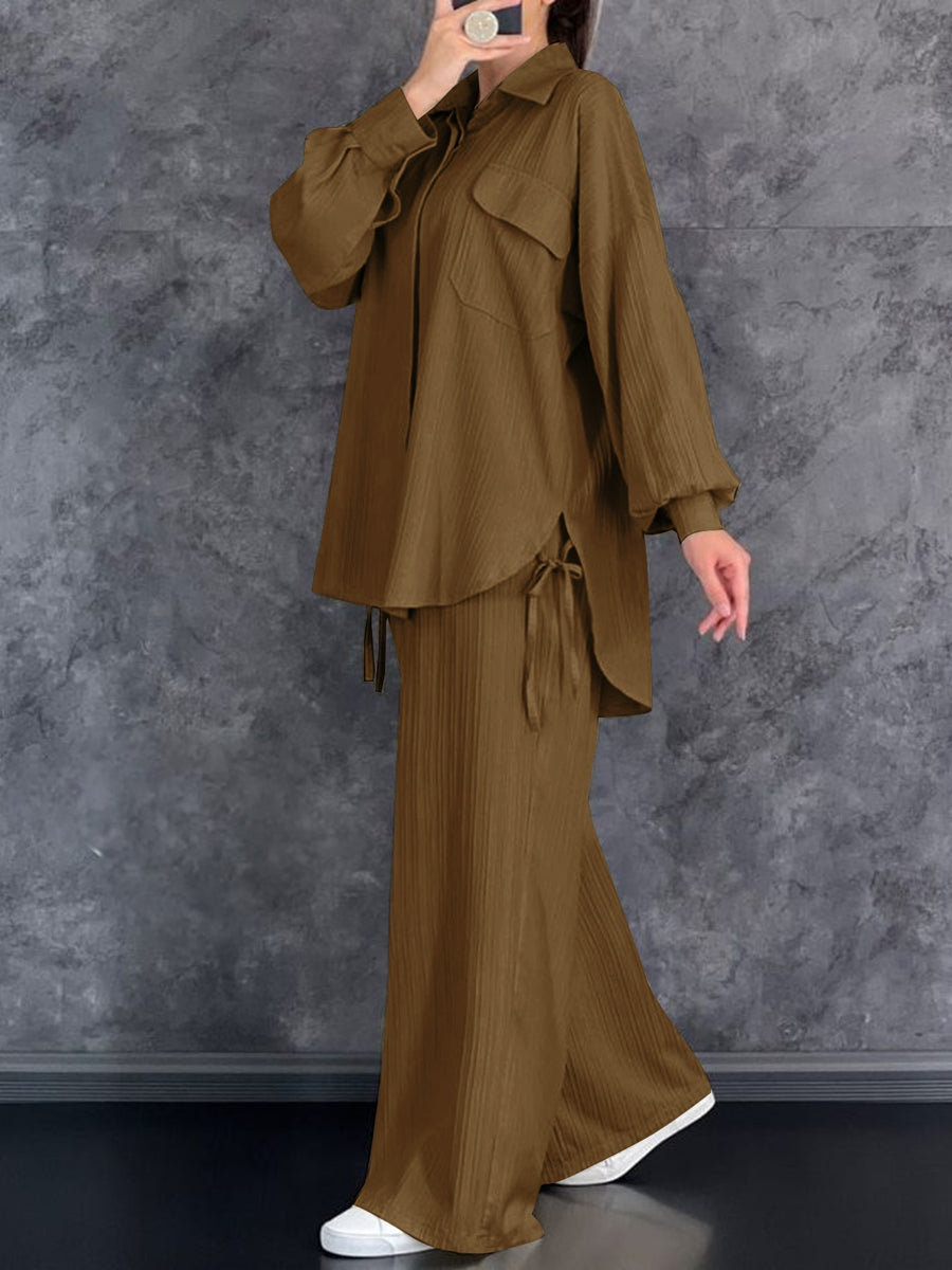 Autumn New Casual Comfortable Versatile Long Sleeve Collared Top And Long Pants 2pcs Set for Women, Belt Not Included - Coffee Color