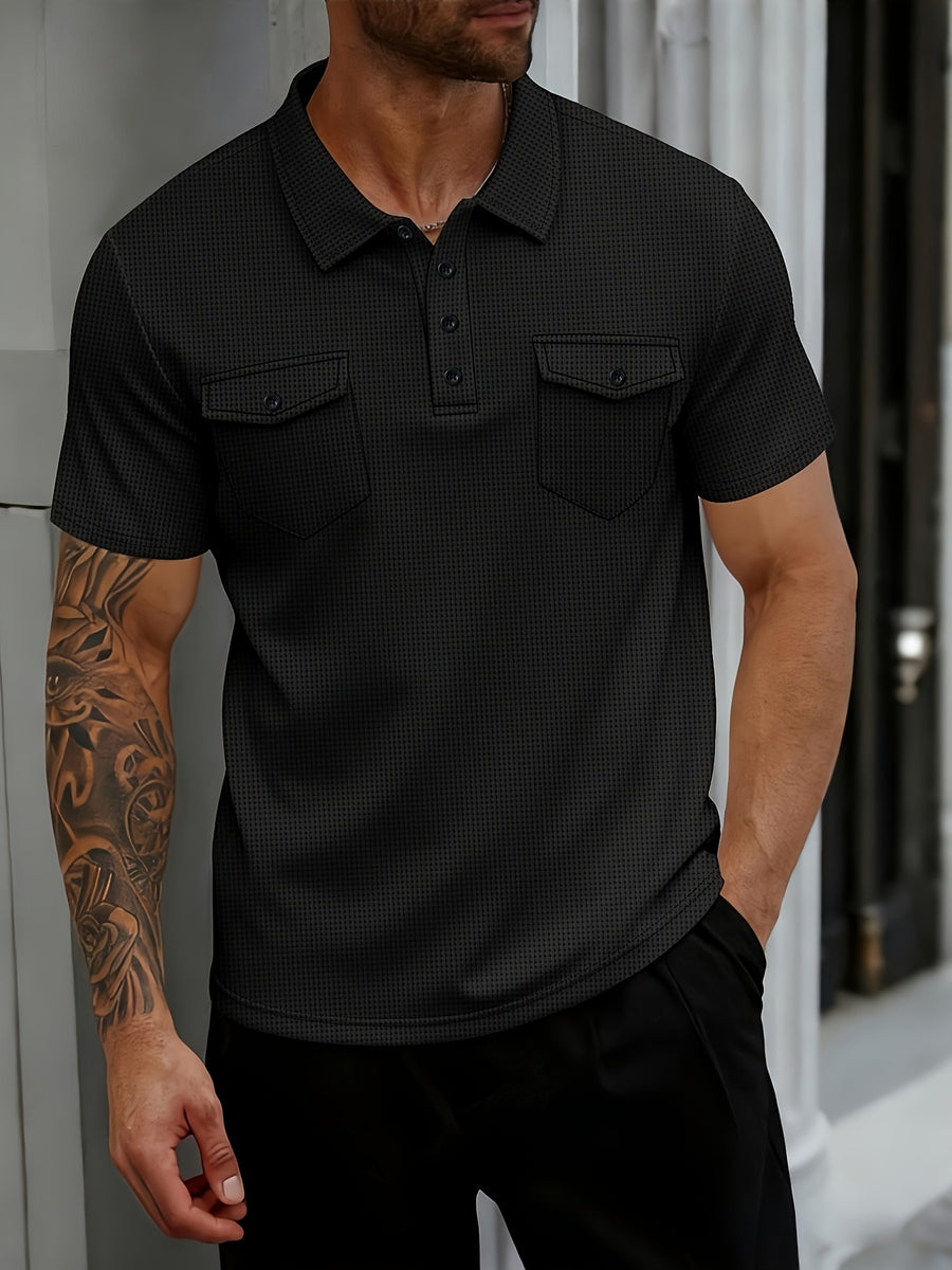 [Shule Water OBM] Men'S Waffle Knit Short Sleeve Polo Shirt, Classic Collar, Double Chest Pockets, Button-Up Lapel, Casual Daily Top - Black